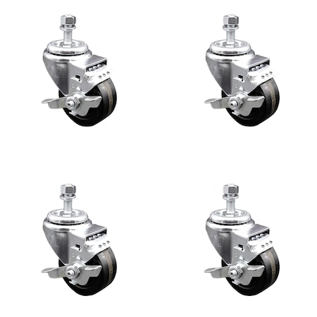 Service Caster 3 Inch SS Phenolic Wheel Swivel 1/2 Inch Threaded Stem Caster Set Brake SCC SCC-SSTS20S314-PHS-TLB-121315-4